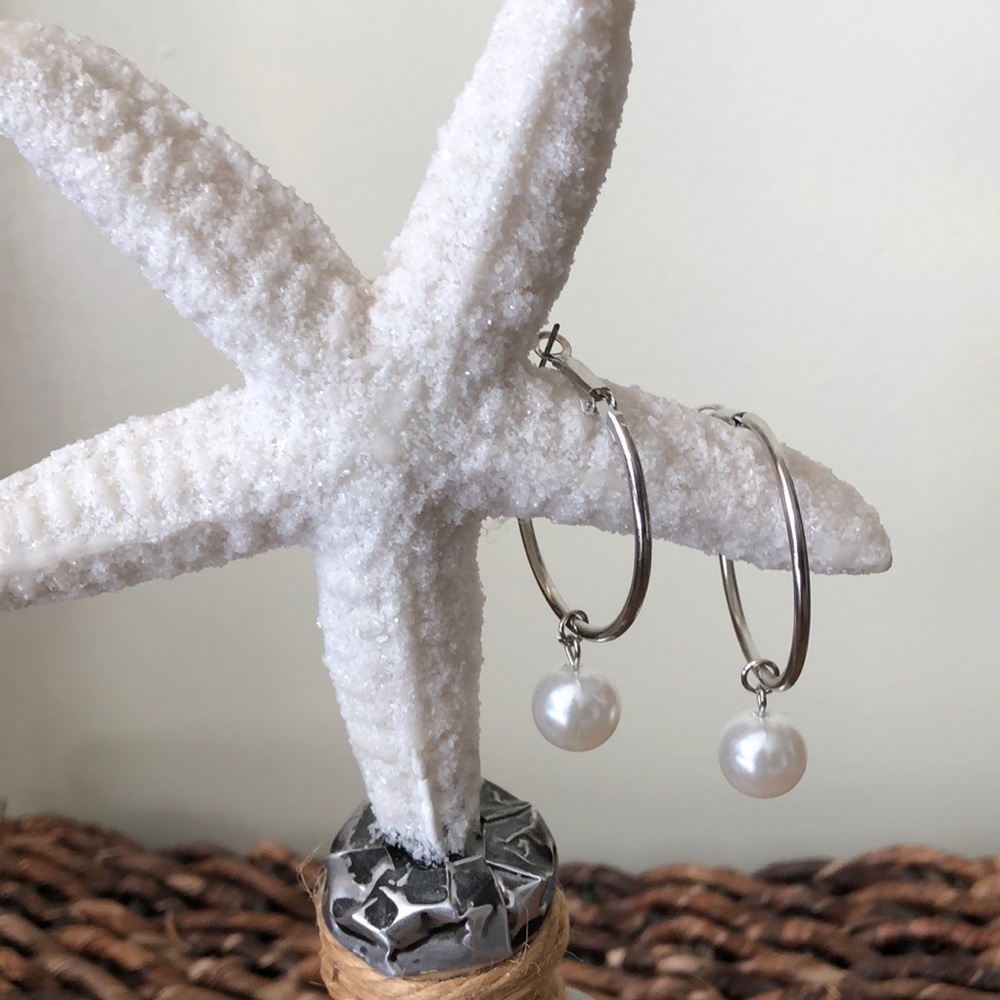 Pretty silvertone hoops with faux pearls